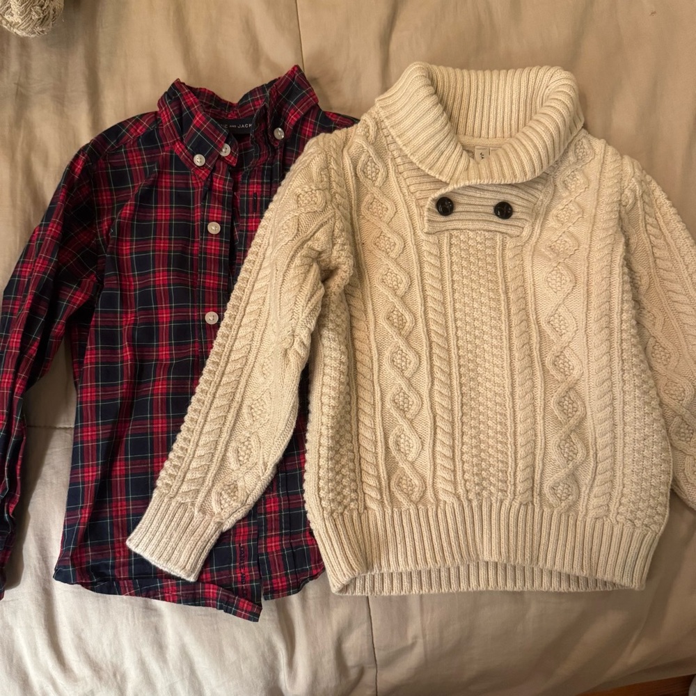 Janie and Jack Boys red Plaid and Cream Cable Knit Shirt & Sweater Xmas size 3T